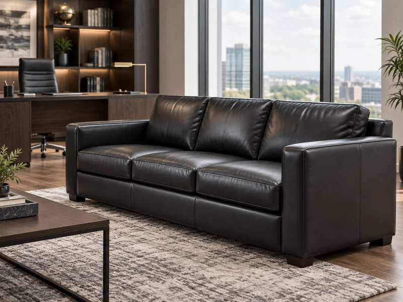 Black leather office sofa restored in a multi-piece project
