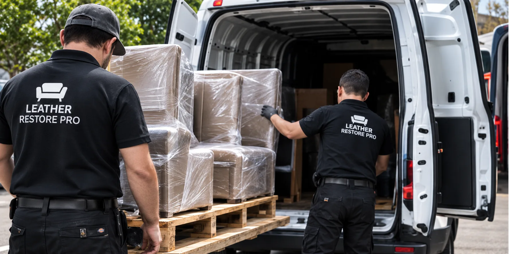 Two technicians loading wrapped furniture into a van