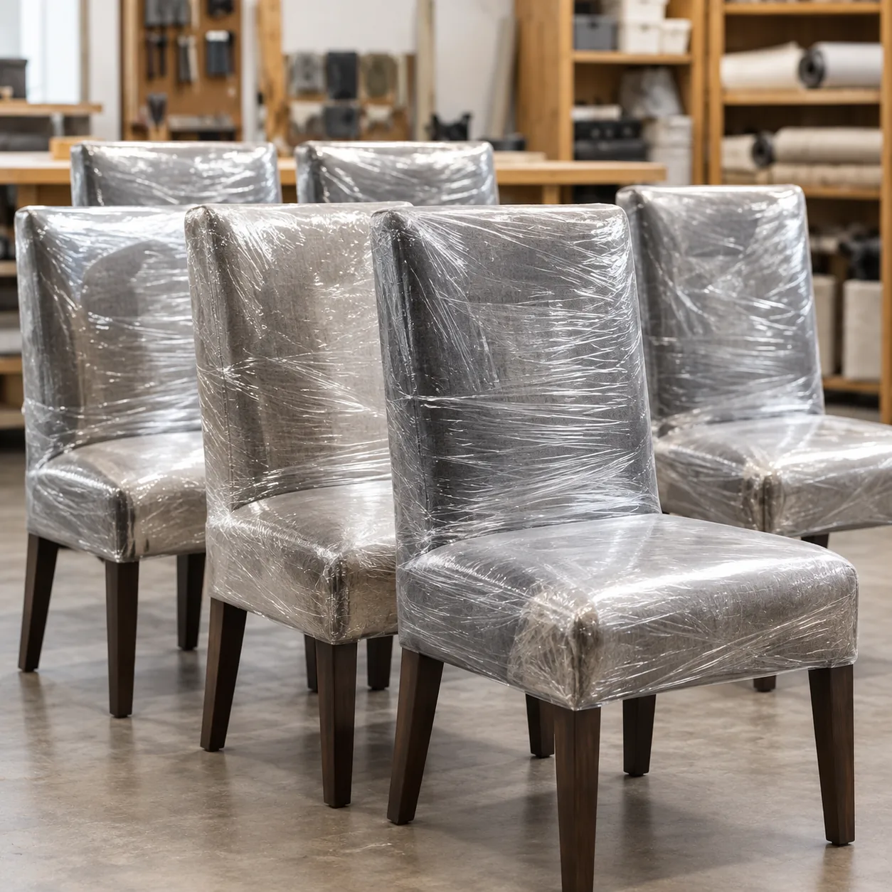 Chairs wrapped in protective film before transport