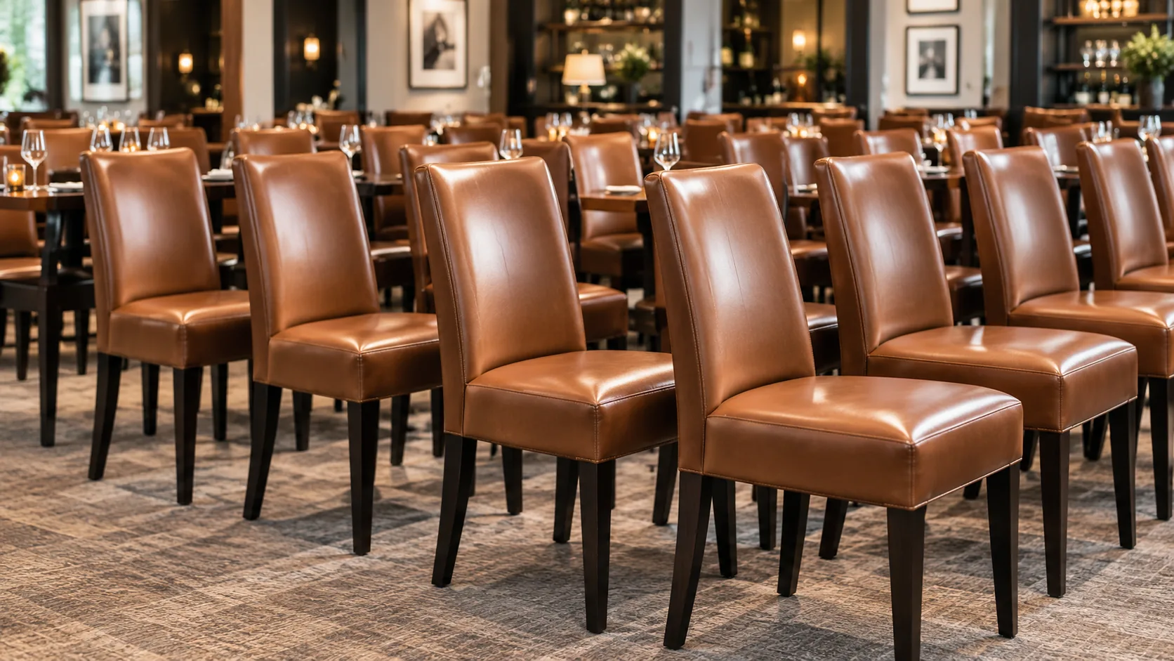 Rows of brown leather restaurant dining chairs repaired in bulk