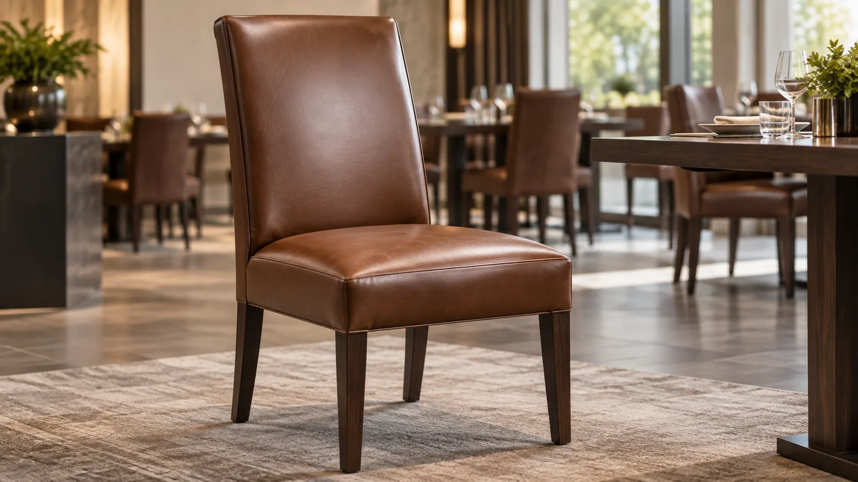 Single brown leather dining chair completed as a bulk project sample