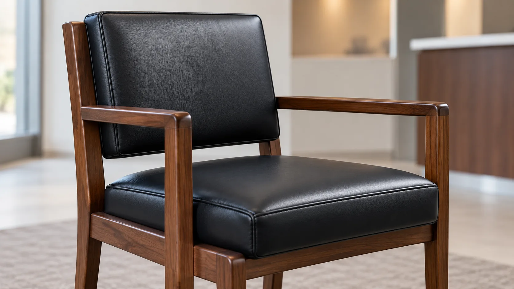 Black leather and wood chair with a replaced seat and back
