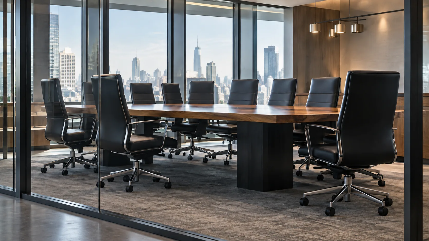 Boardroom with black leather conference chairs