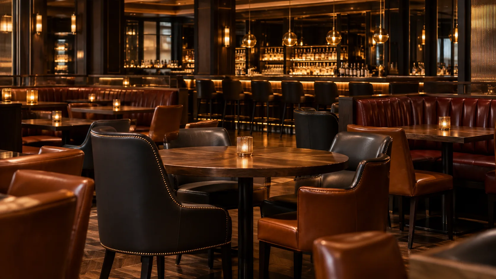 Leather chairs and banquettes in a dark event venue bar