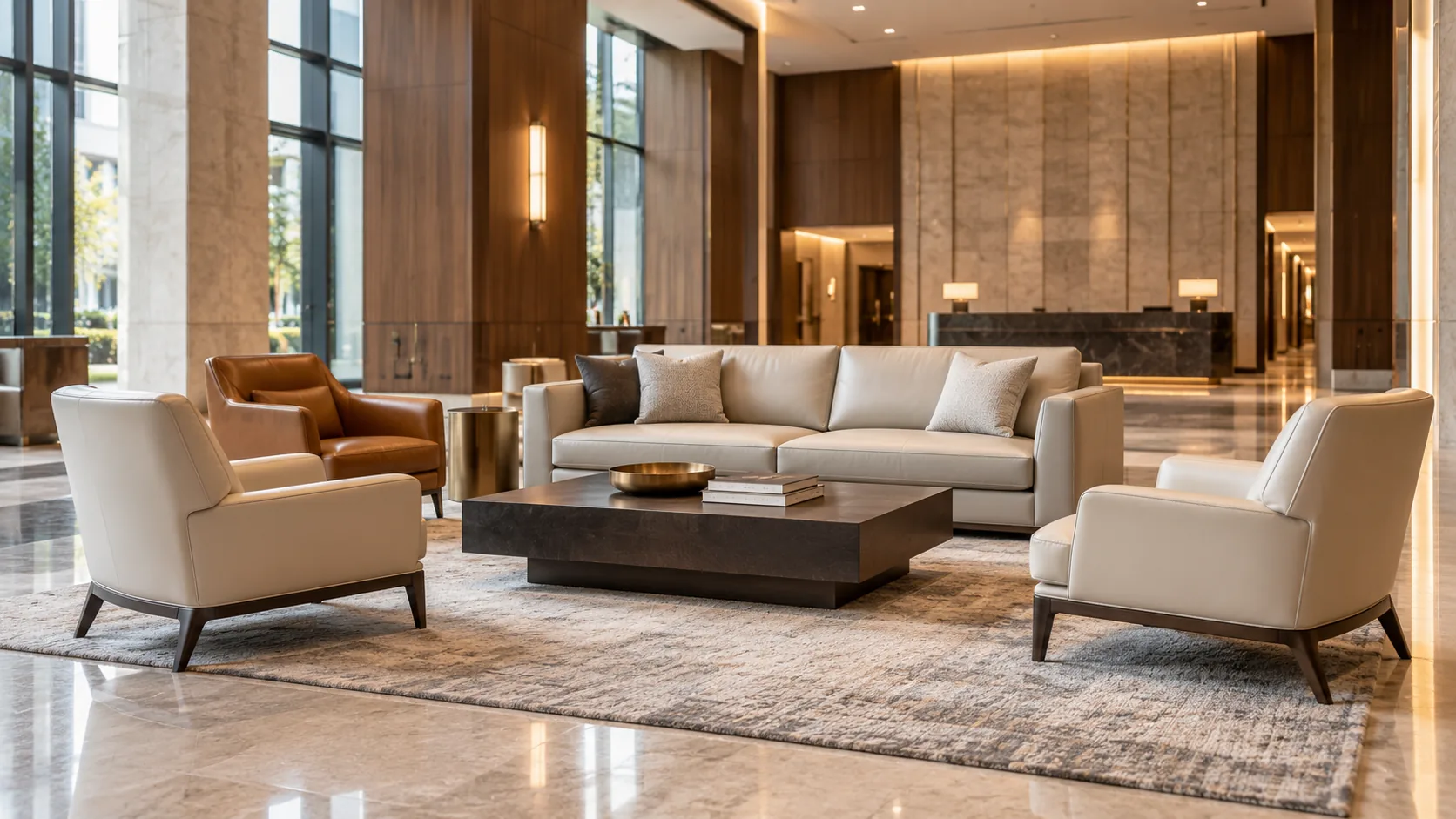 Hotel lobby lounge with leather seating