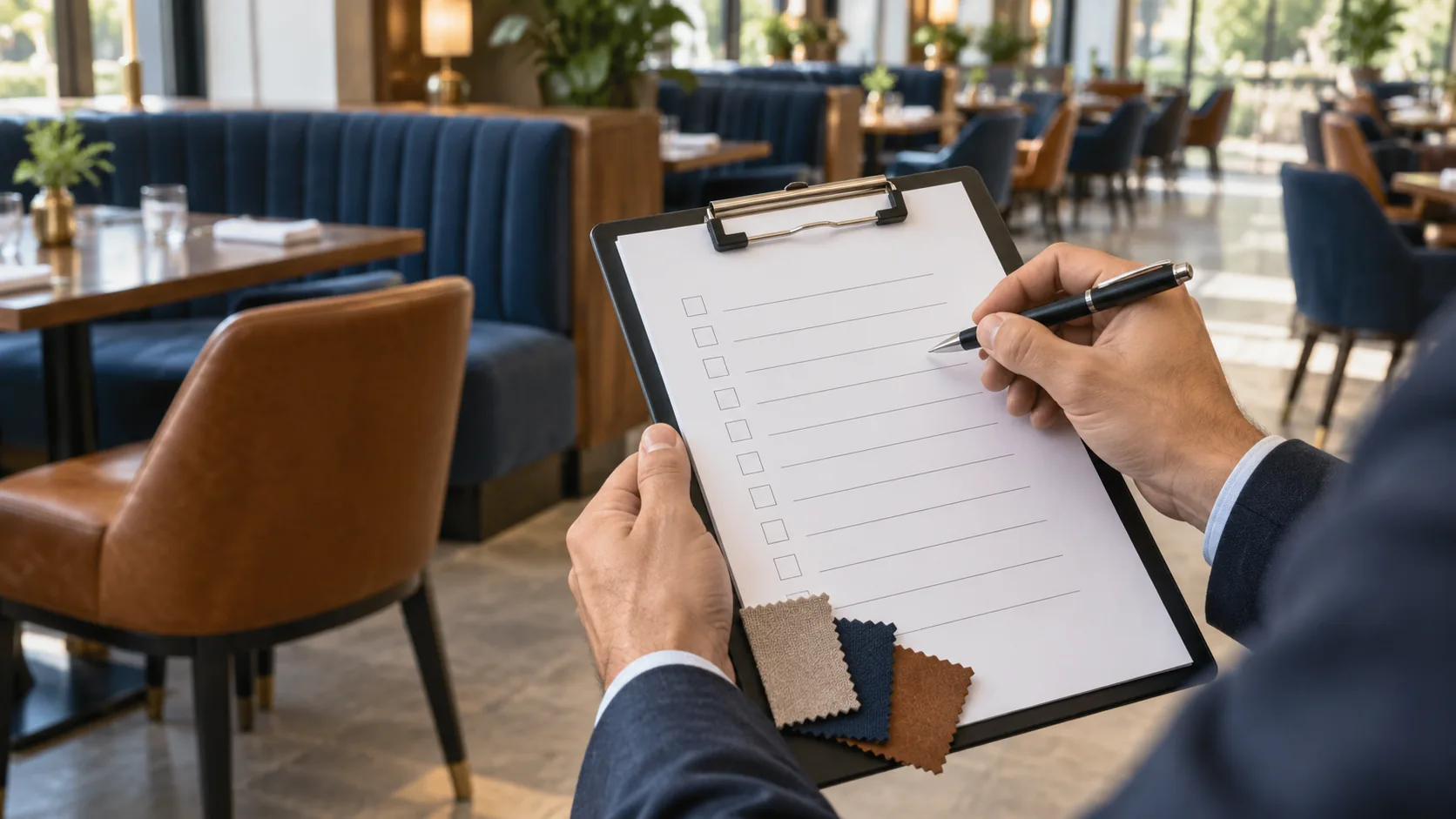 A manager writing an inventory on a clipboard in a restaurant