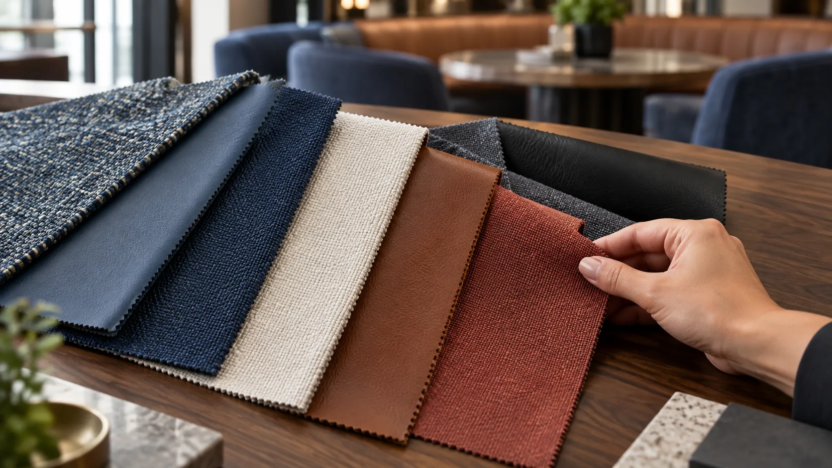 Upholstery and leather swatches laid out on a table while the written repair scope is settled