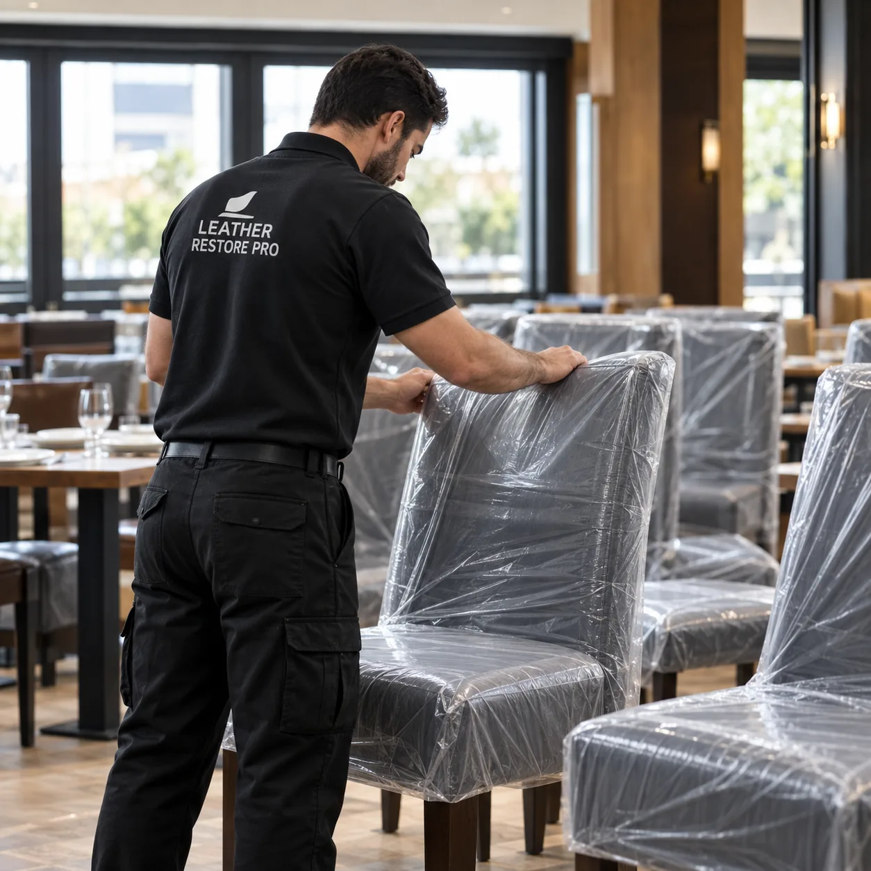Technician wrapping chairs on site