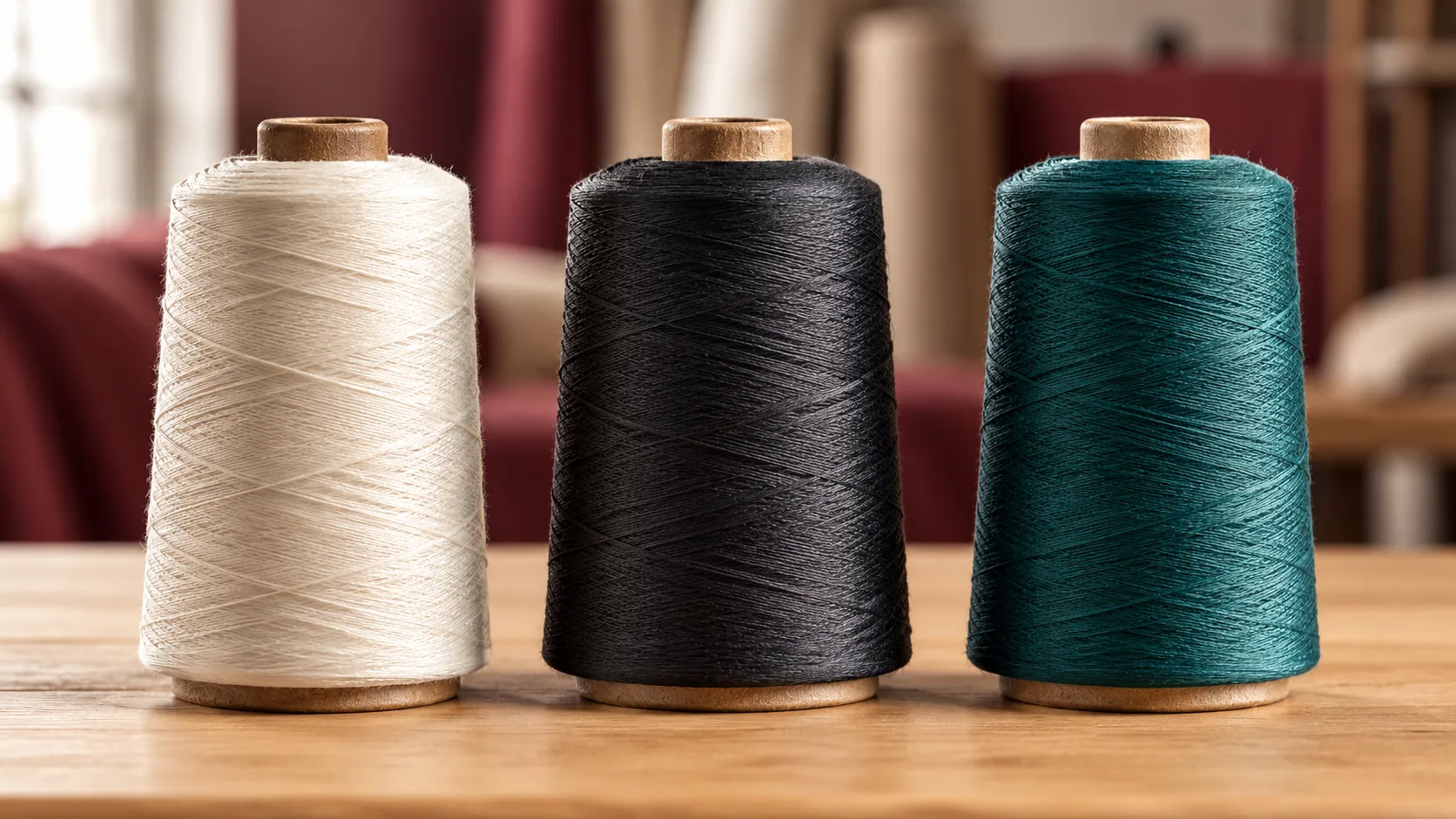 Spools of cream, black and teal thread
