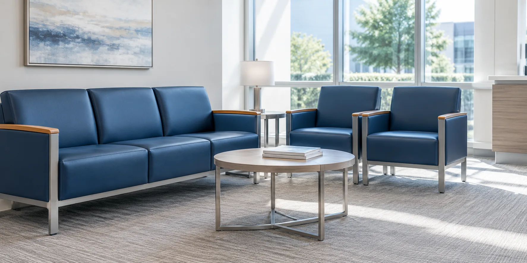 Blue leather waiting room sofa and chairs
