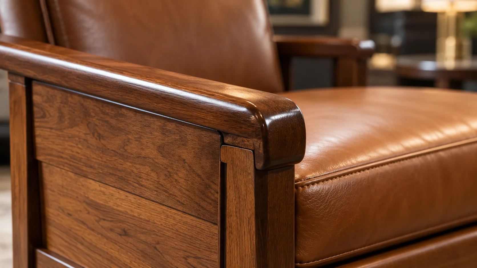 Refinished wood arm of a commercial lounge chair