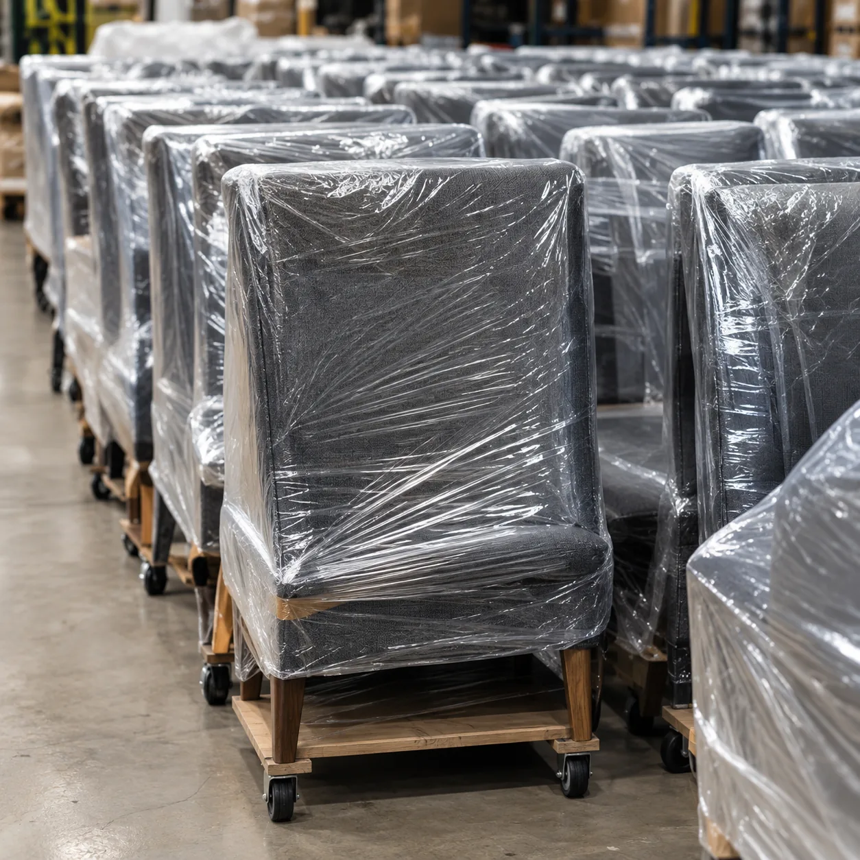 Wrapped chairs staged on dollies ready to move