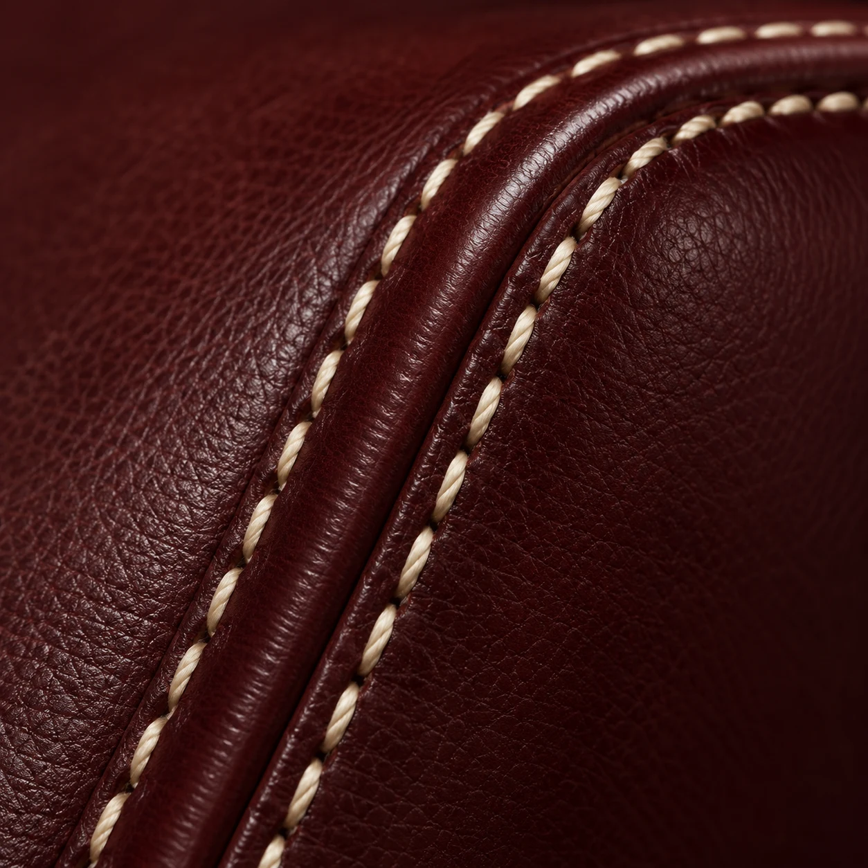 Burgundy leather chair welt with cream contrast saddle stitching