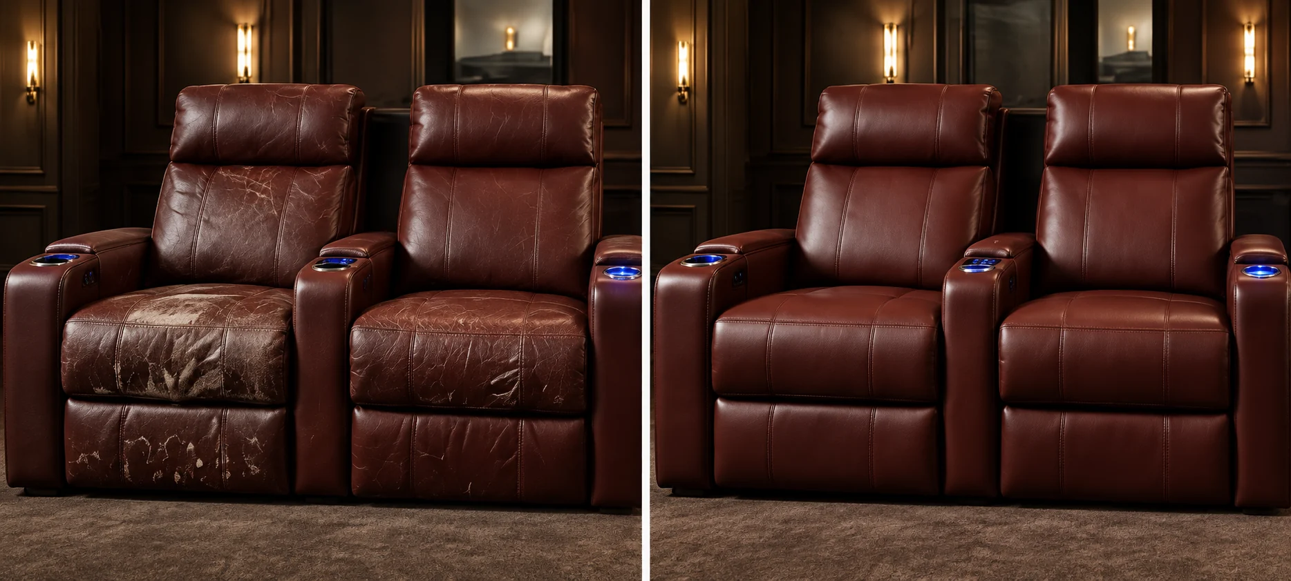 Burgundy home theater seats before and after repair: cracked, color-lost cushions on the left, an even burgundy finish on the right