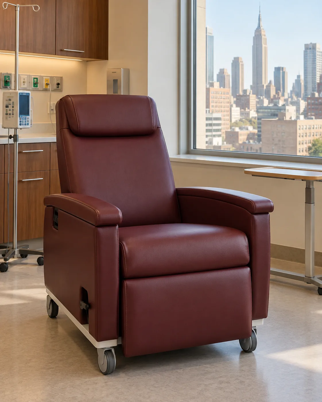 A burgundy treatment recliner on casters in an infusion room