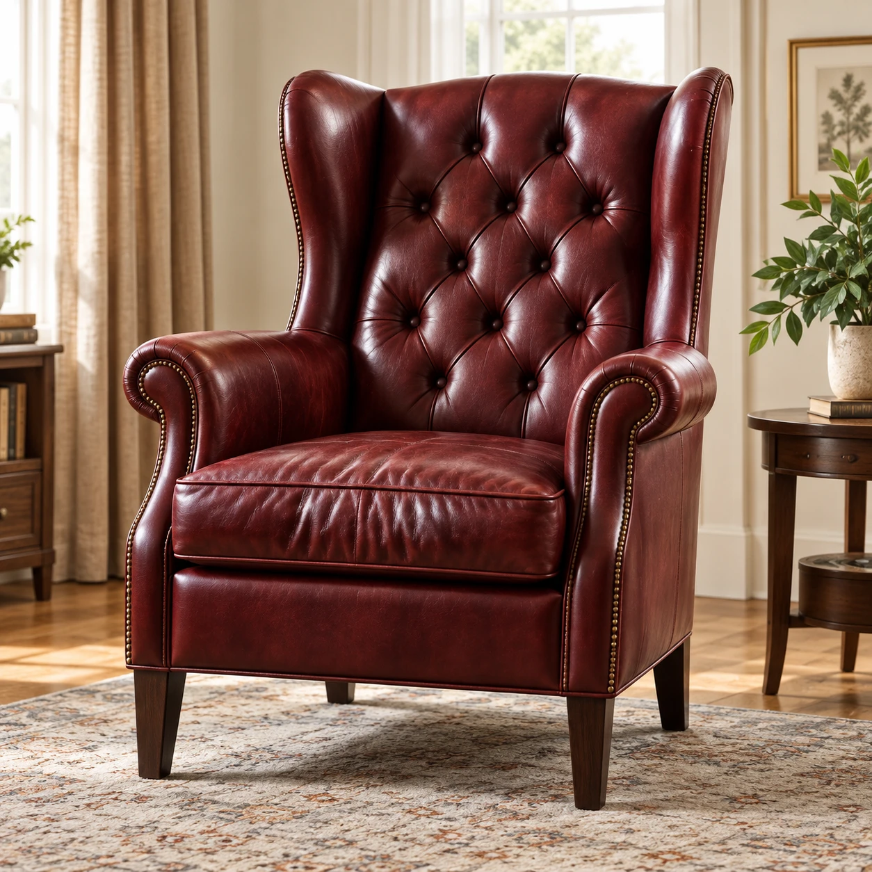Burgundy tufted leather wing chair