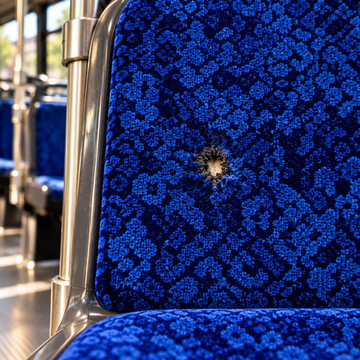 A cigarette burn hole in a bus seat cover