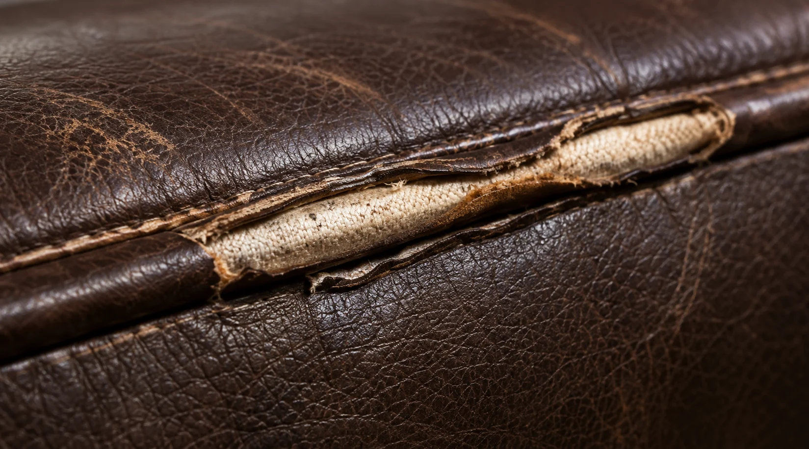 Burst welt seam on a brown leather cushion
