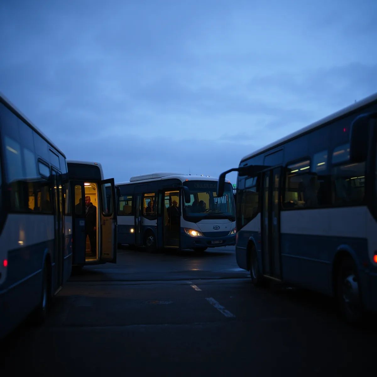 Buses parked at a depot at dusk