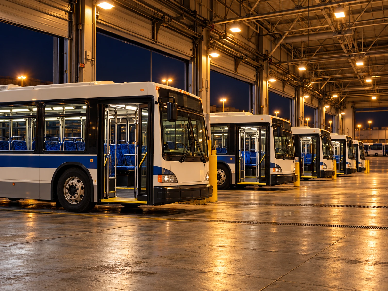 A row of buses parked inside a depot at night with their doors open