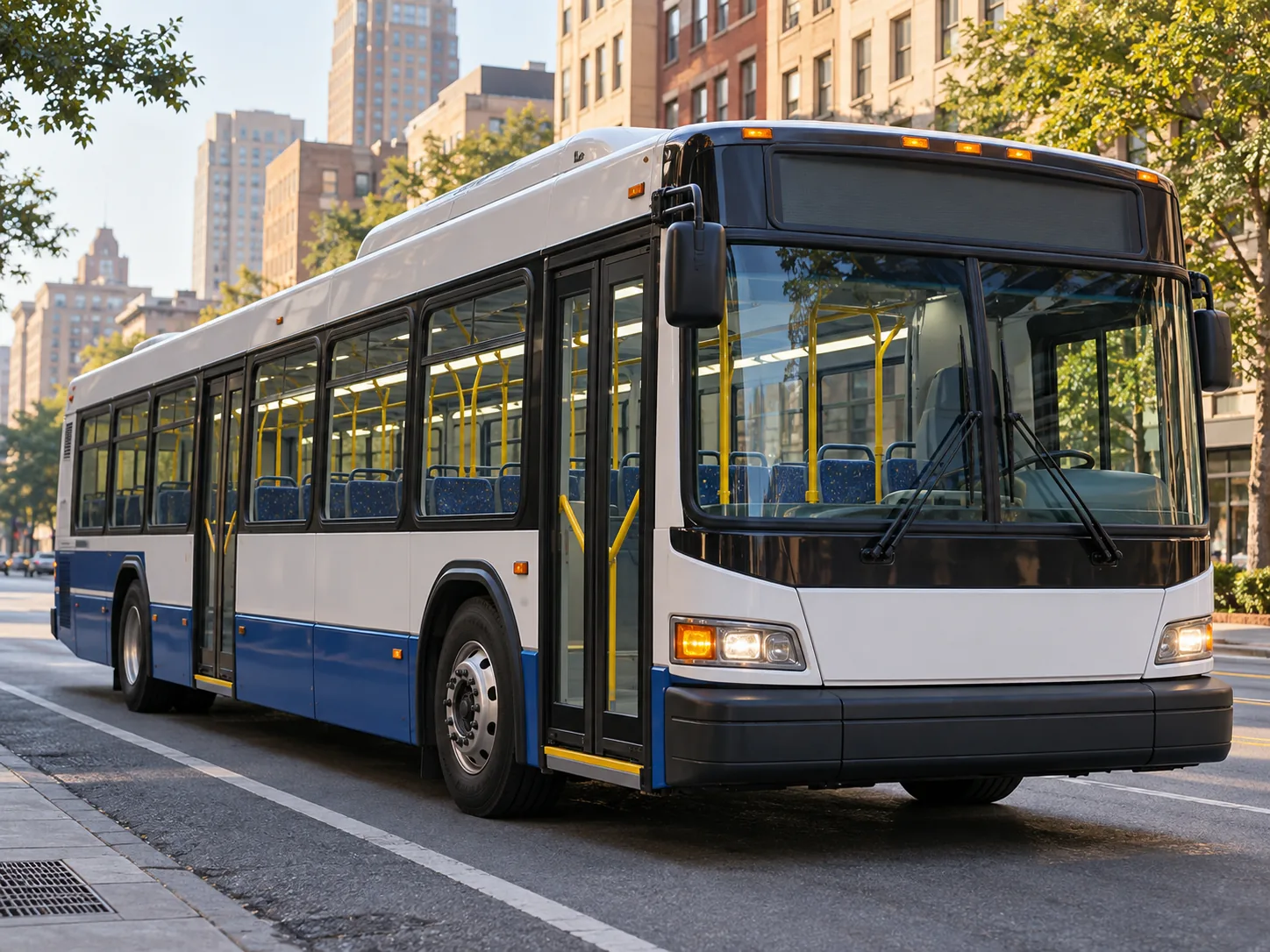 A transit bus back in service on a city street in the morning