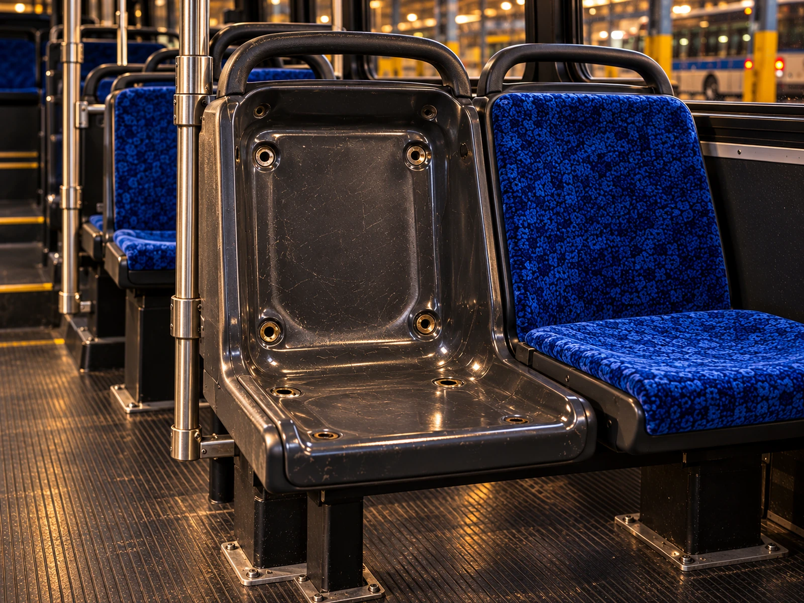 A bus seat frame, pedestal legs and grab rail still bolted in the bus