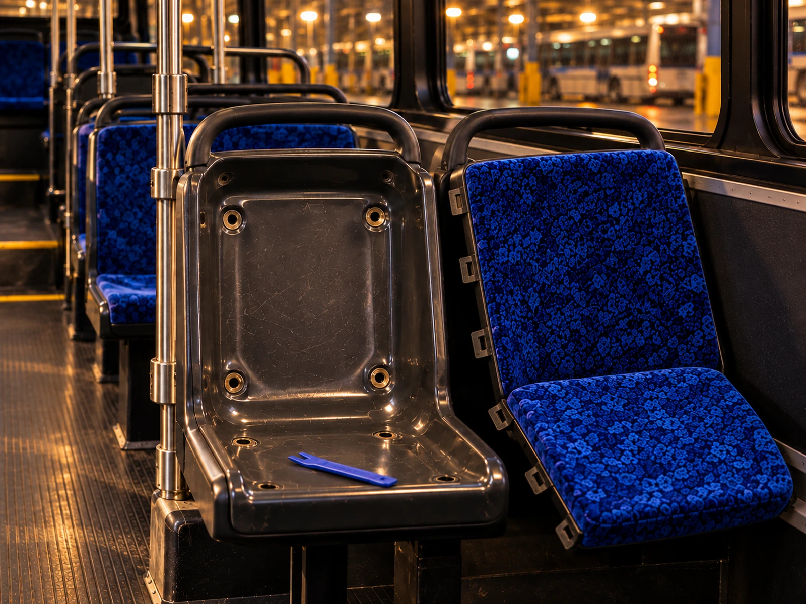 A bus seat insert pad lifted out of its shell, the empty shell beside it