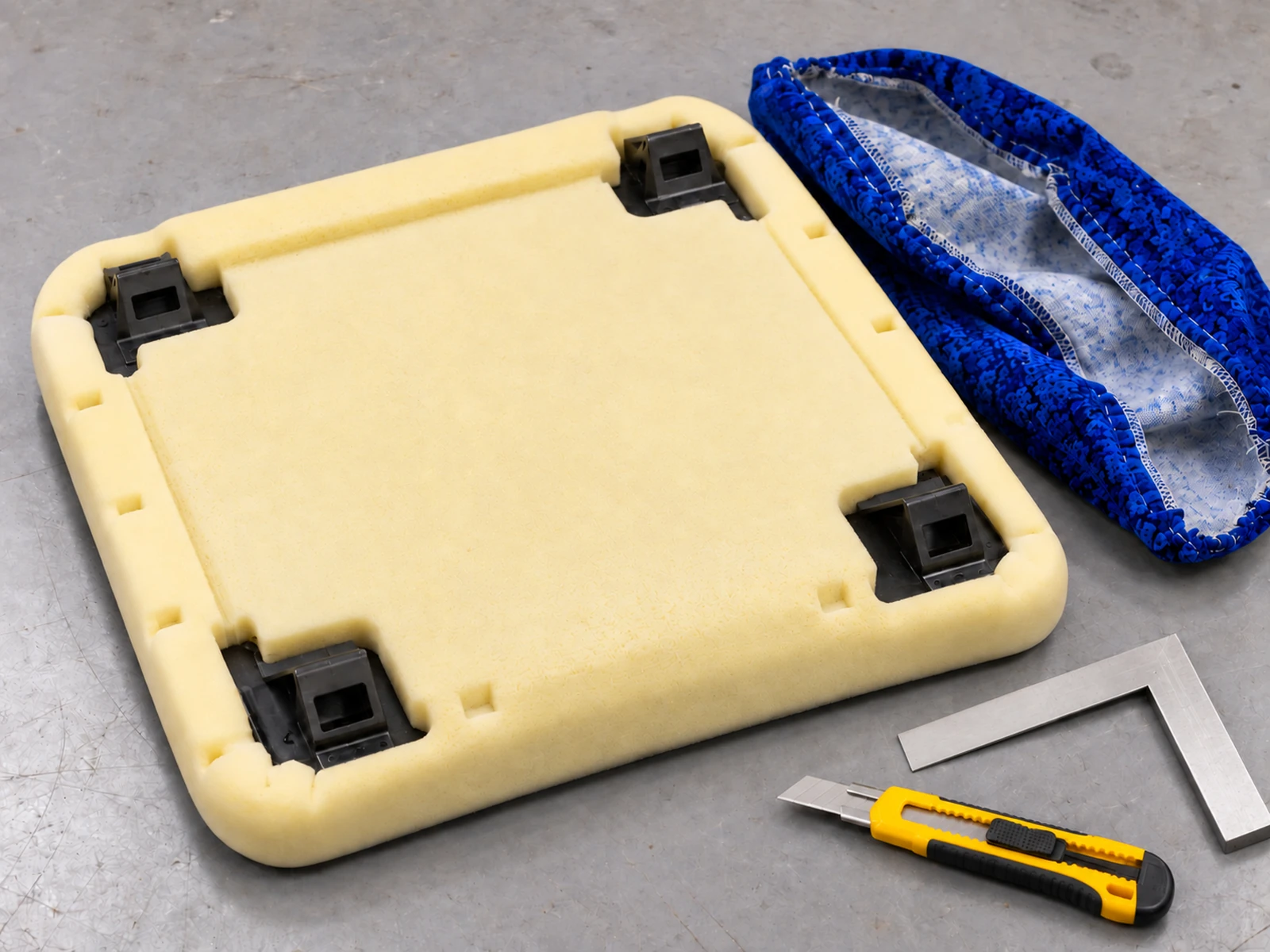 New foam cut to a bus seat board with a knife and square beside it