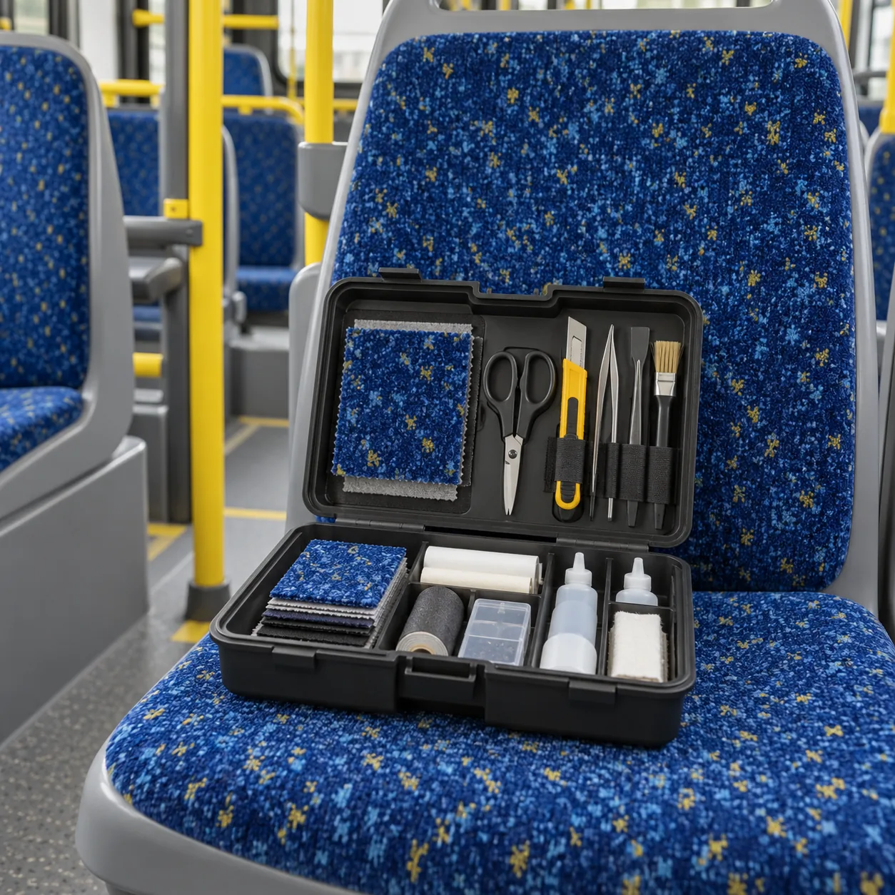 A repair kit case open on a bus seat with tools laid out