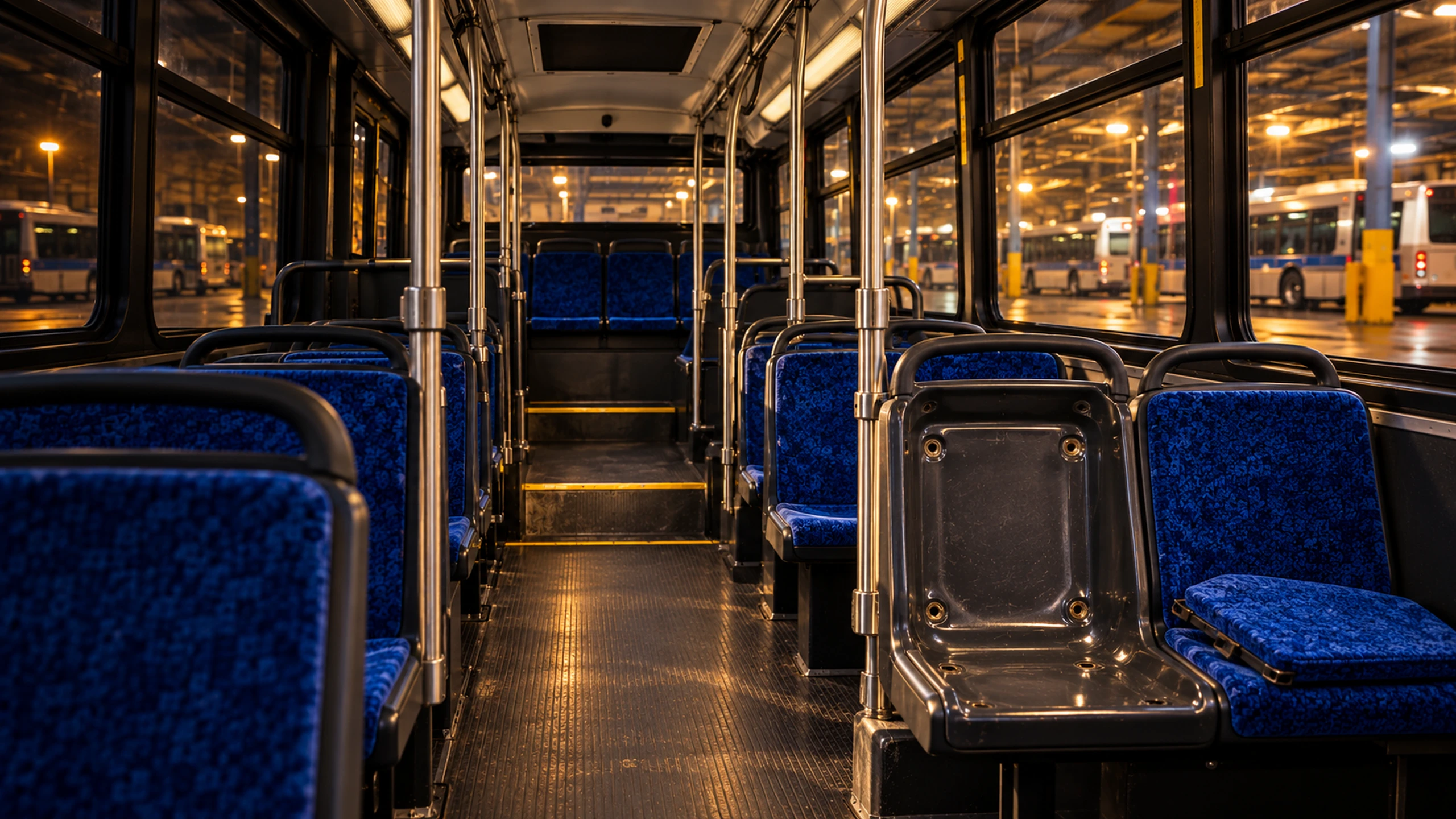 Bus seat reupholstery NYC: a transit bus interior at the depot with one seat stripped to its bare shell