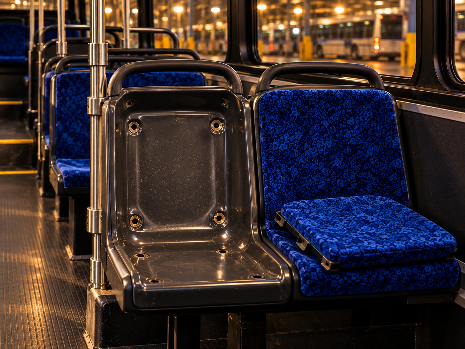 A bus seat with its insert pad lifted out, showing the bare molded shell