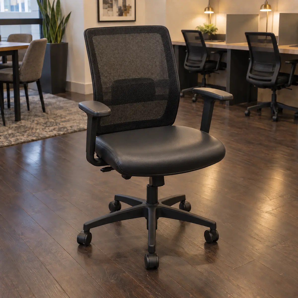 After: the same task chair with its seat recovered in black vinyl