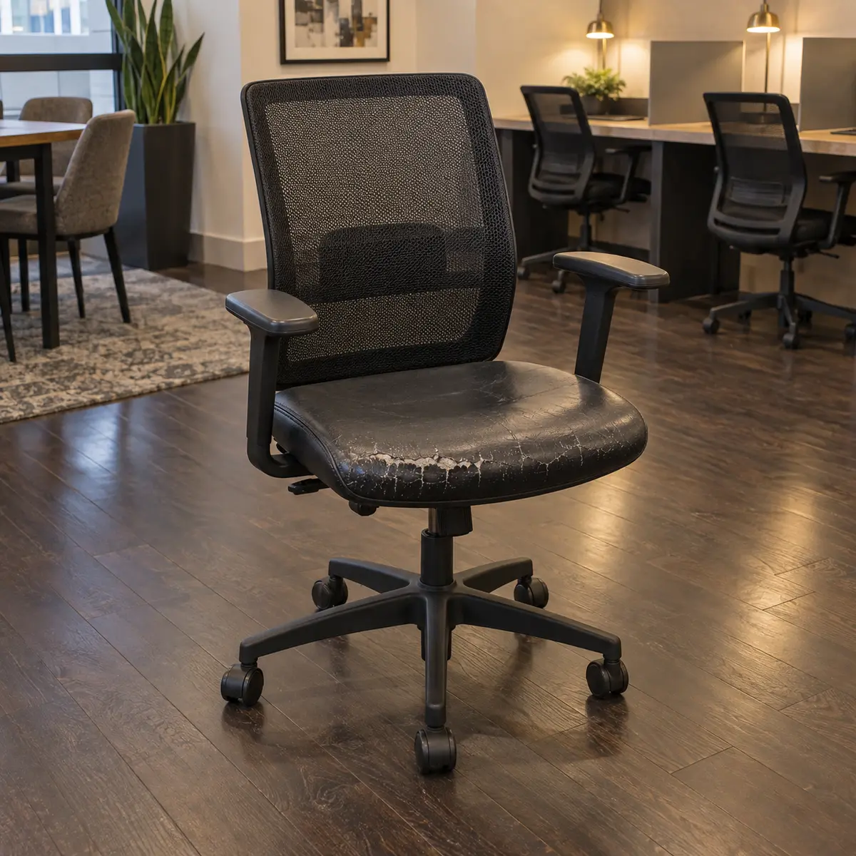 Before: a business center task chair with a cracked, worn vinyl seat