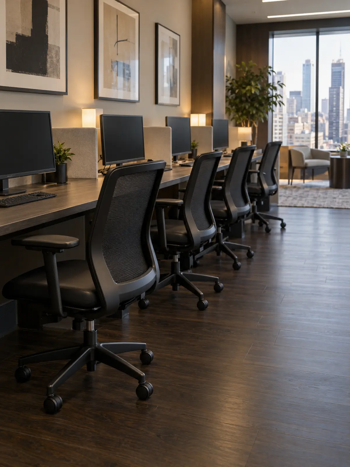 Business center task chairs refitted and pushed in at their workstations