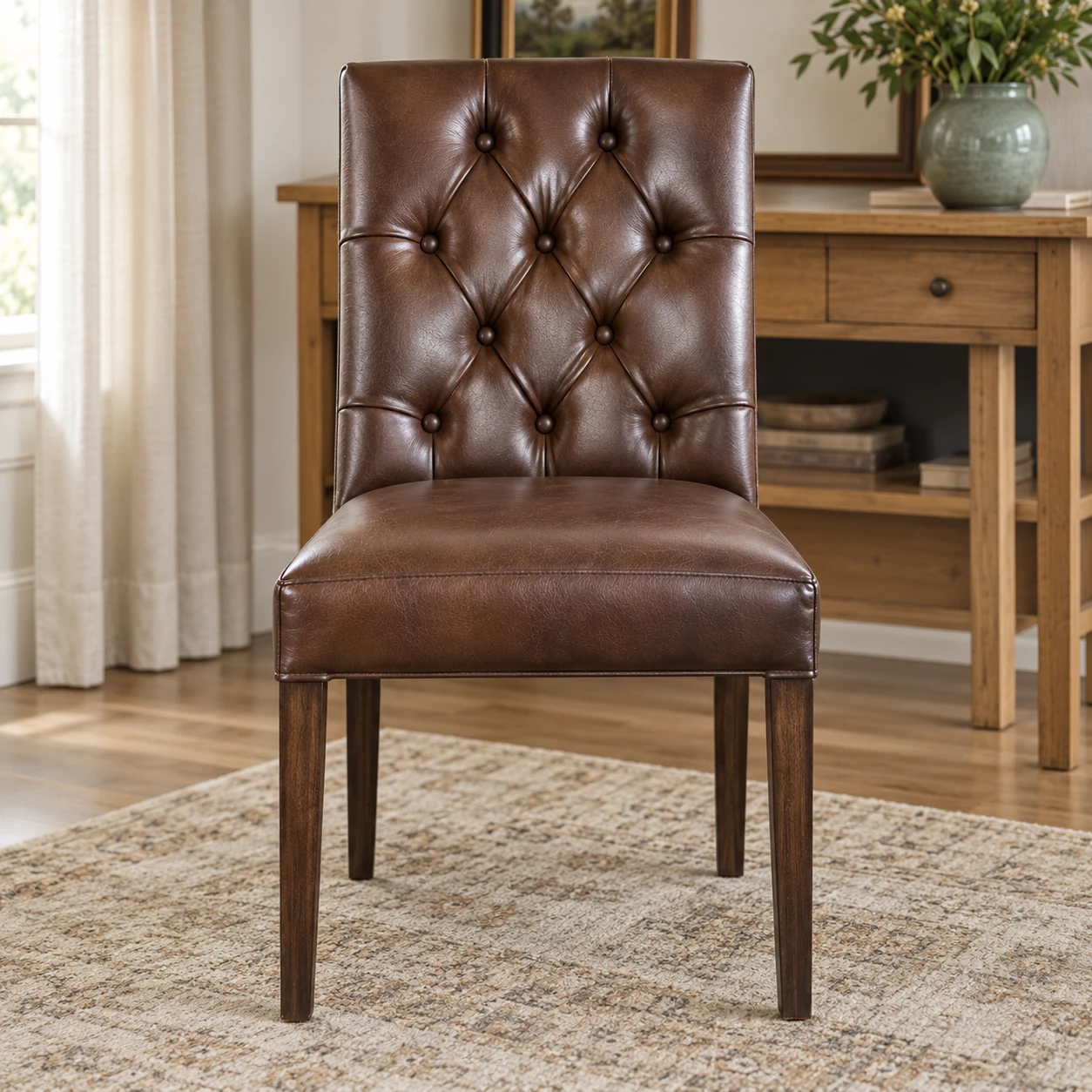 Button-tufted brown leather dining chair, barely used