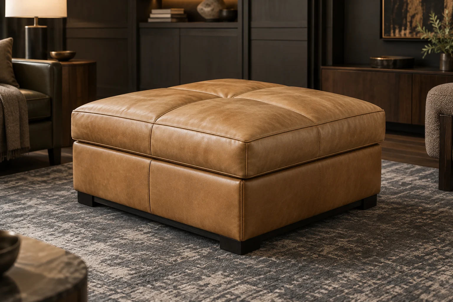 A camel leather square ottoman in a dark paneled room