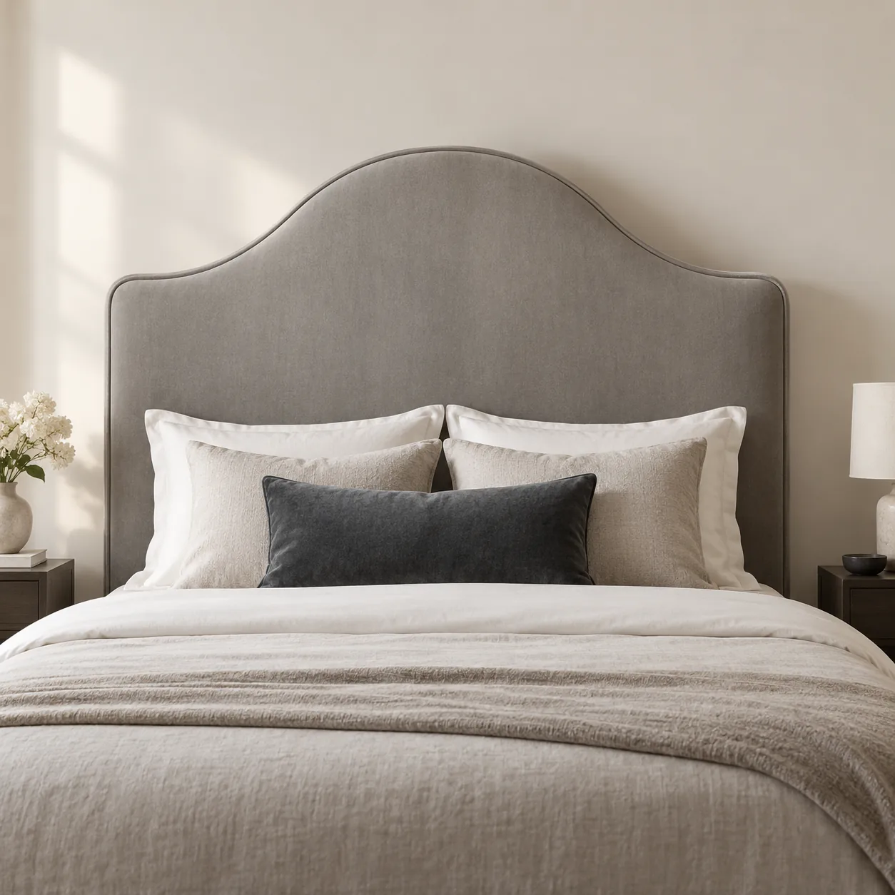 Gray camelback headboard with a contrast welt following the arch