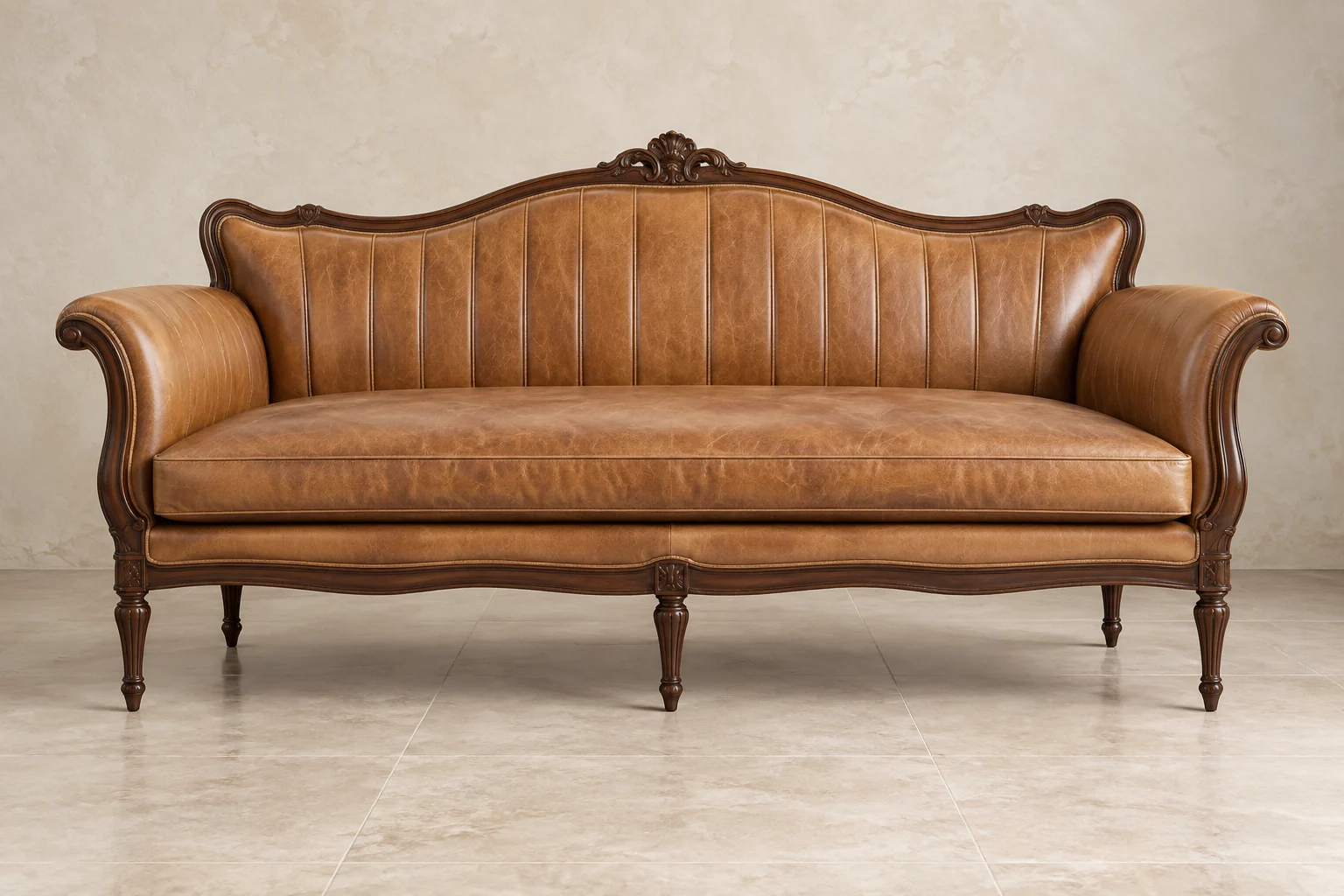 Camelback settee with a carved crest in tan leather