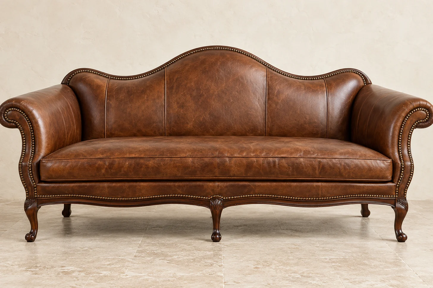 Camelback leather sofa with a carved wooden frame