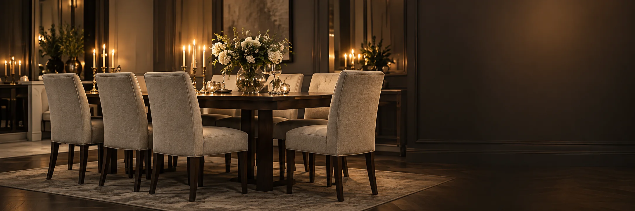 Candlelit walnut dining room with recovered dining chairs