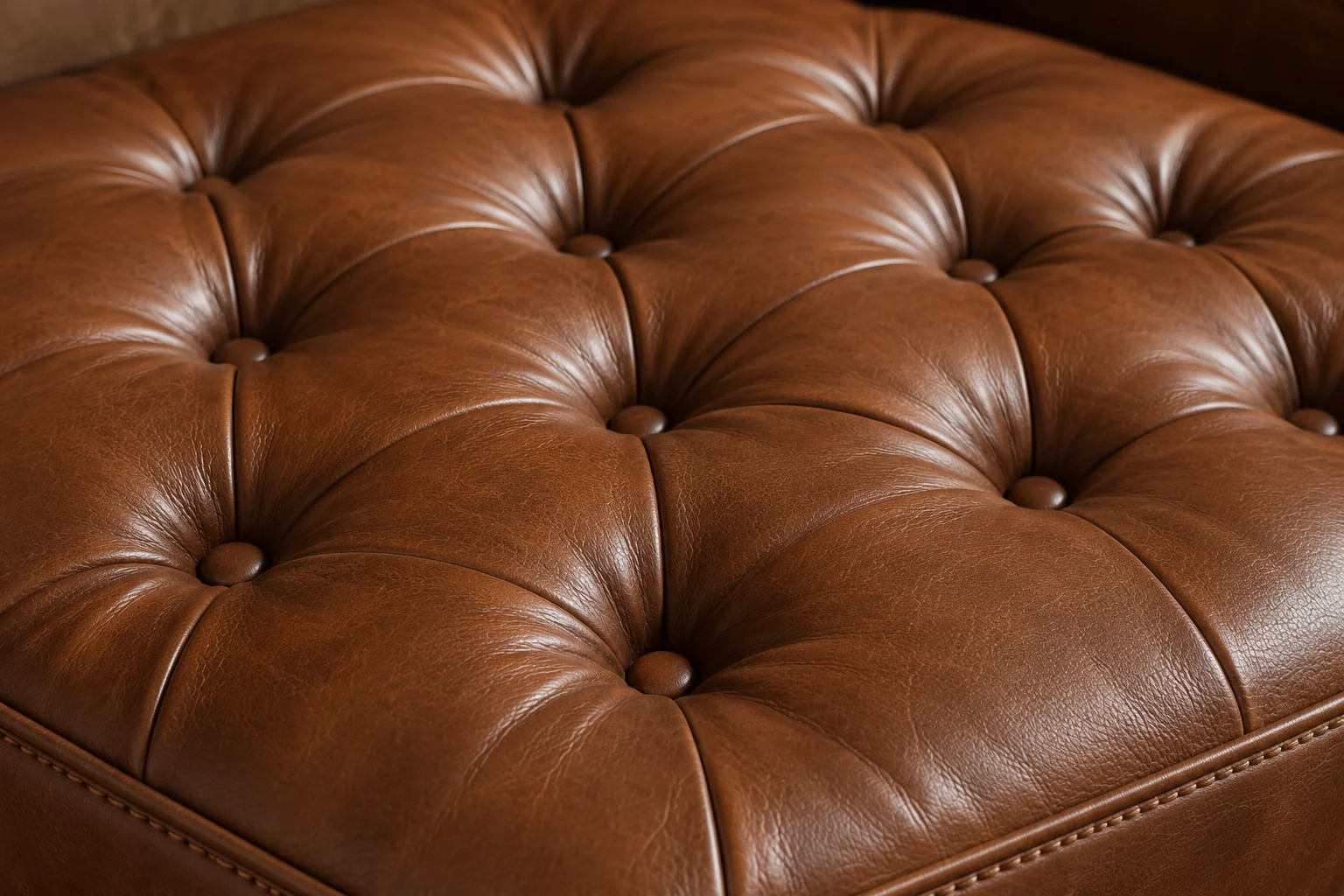 A caramel button-tufted ottoman top photographed at a low angle
