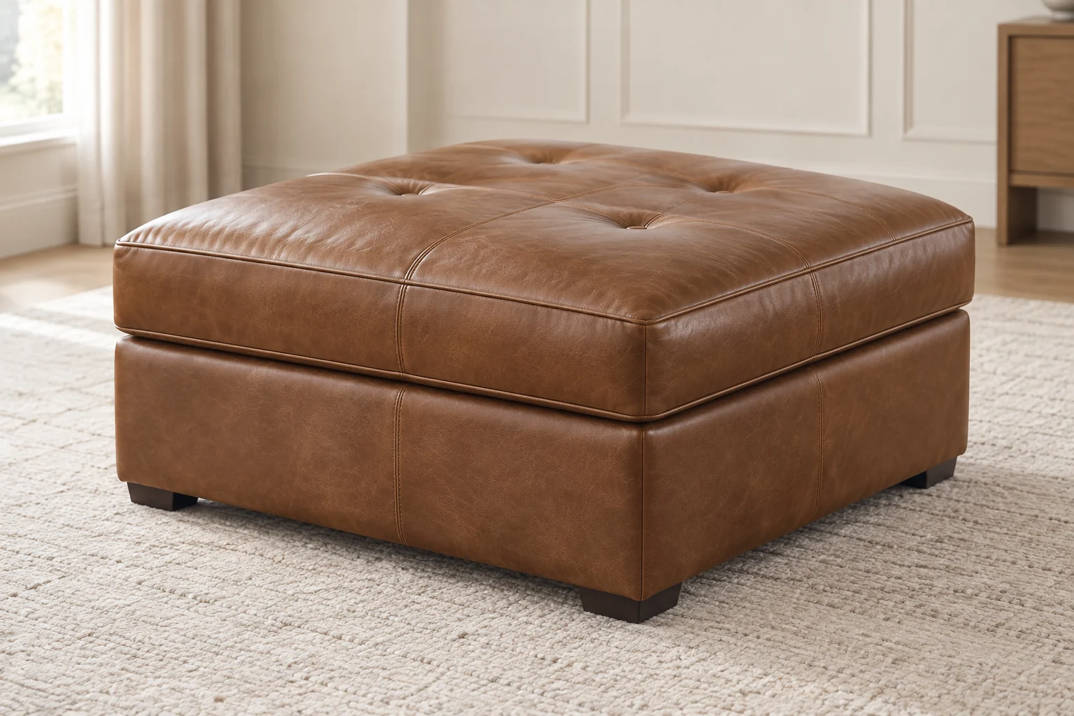 A caramel square leather ottoman with a low wide profile