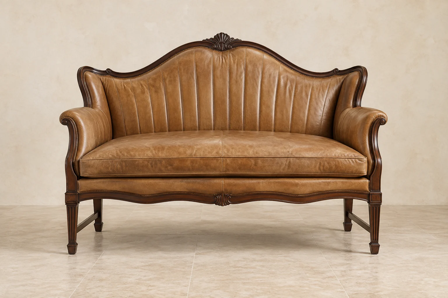 Victorian settee with a carved crest rail in tan leather
