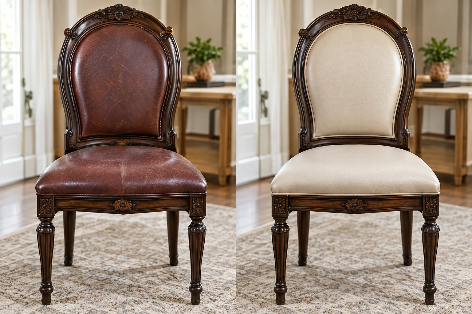 Carved dining chair recovered in cream leather