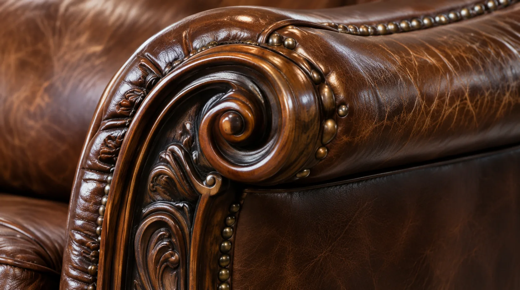 Carved scroll arm with brass nailheads on an antique leather chair