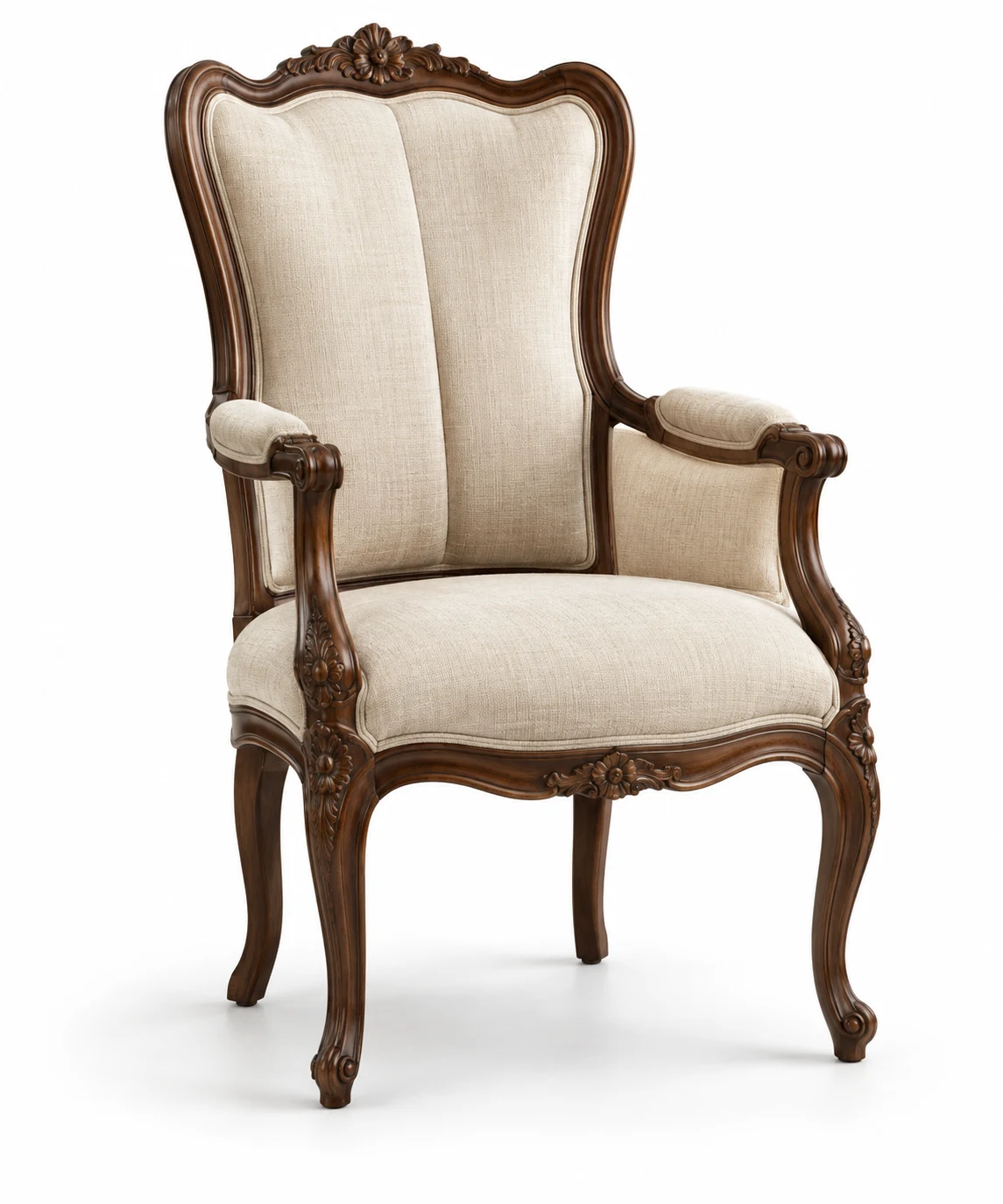 Carved walnut antique armchair upholstered in cream linen with cabriole legs