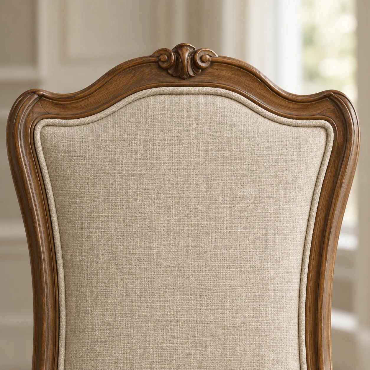 Carved wood crest rail above a linen chair back panel with welt