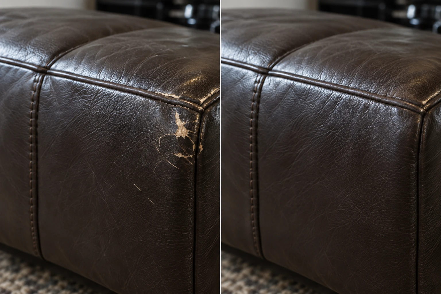Deep gouge at a brown leather corner, before and after repair