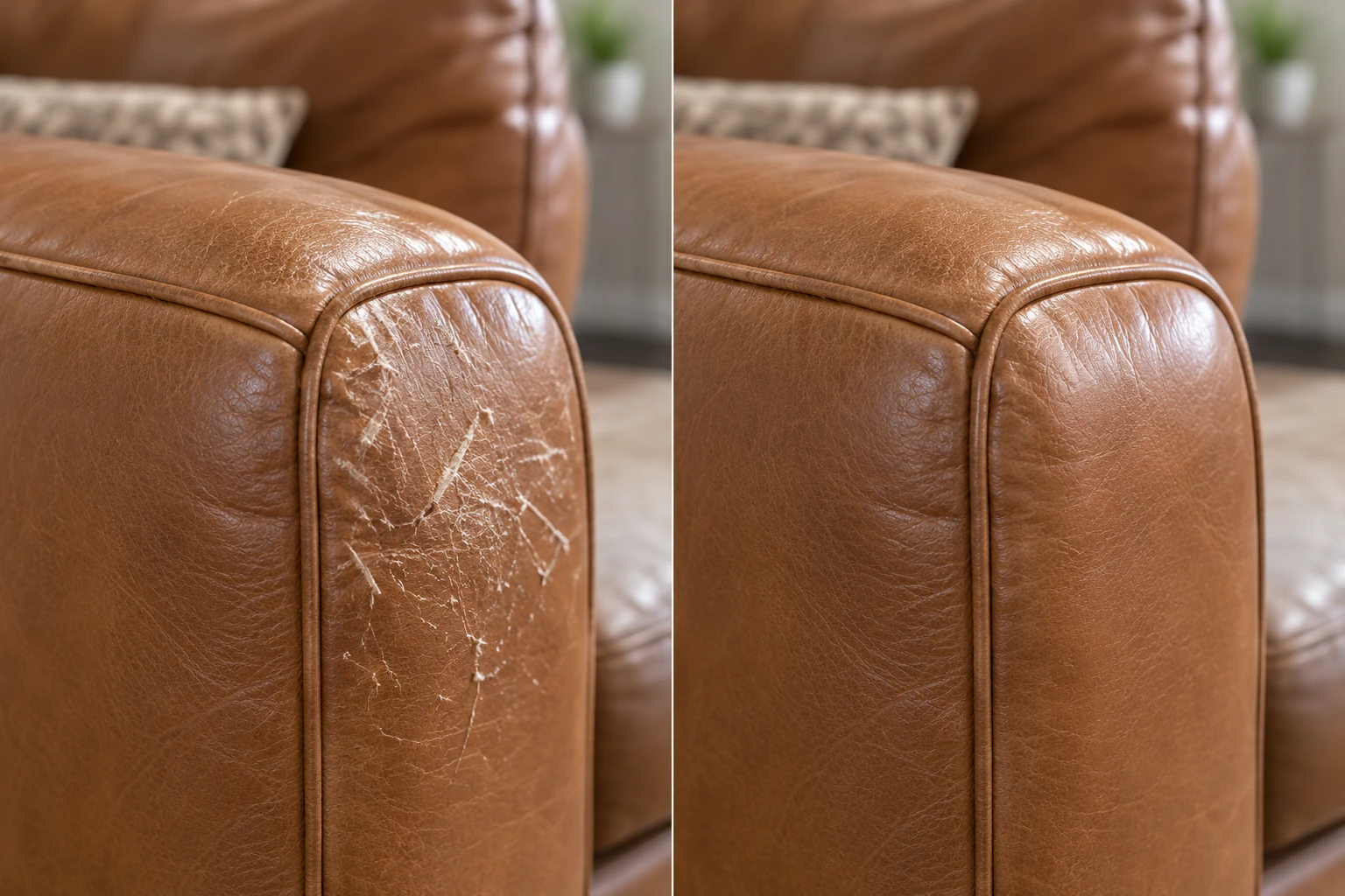 Caramel sofa arm before and after scratch repair