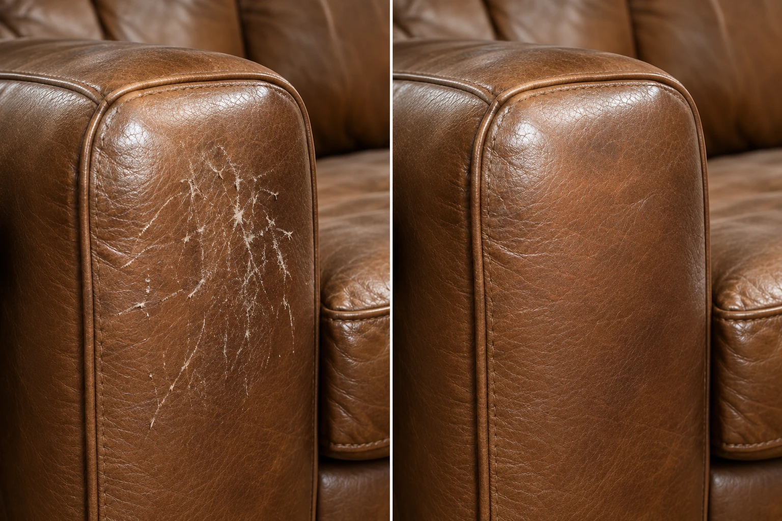 Cognac leather arm before and after cat scratch repair